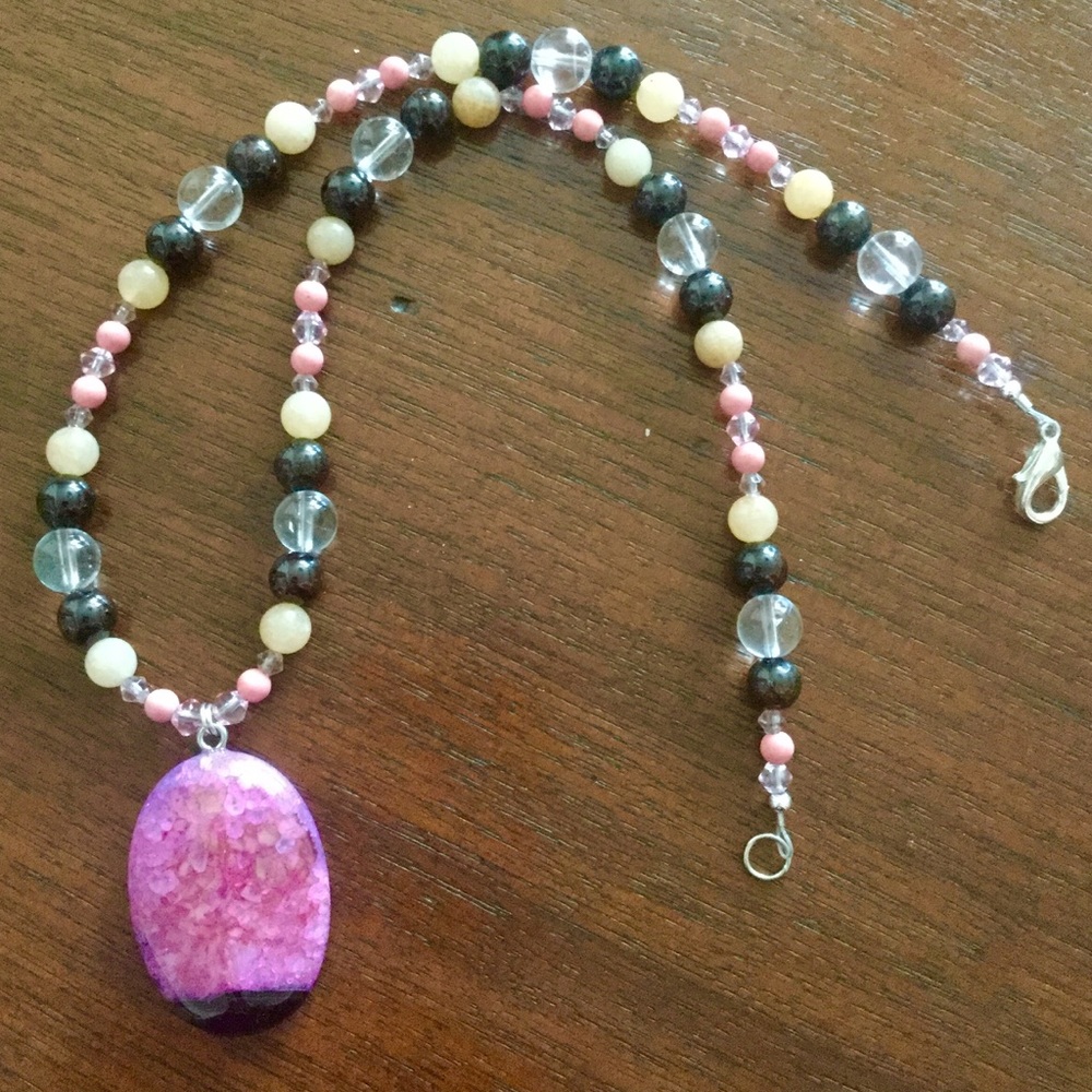 Garnet, Quartz, Pink Jade, & Agate Beaded Necklace